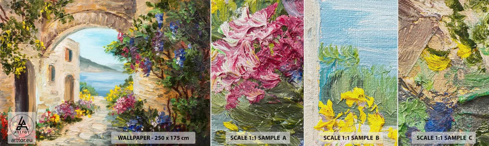 Fototapeten Muster Premium Canvas - Charme einer Küstenprovinz - Die Architektur, Griechenland, Blumen - 100x30 cm