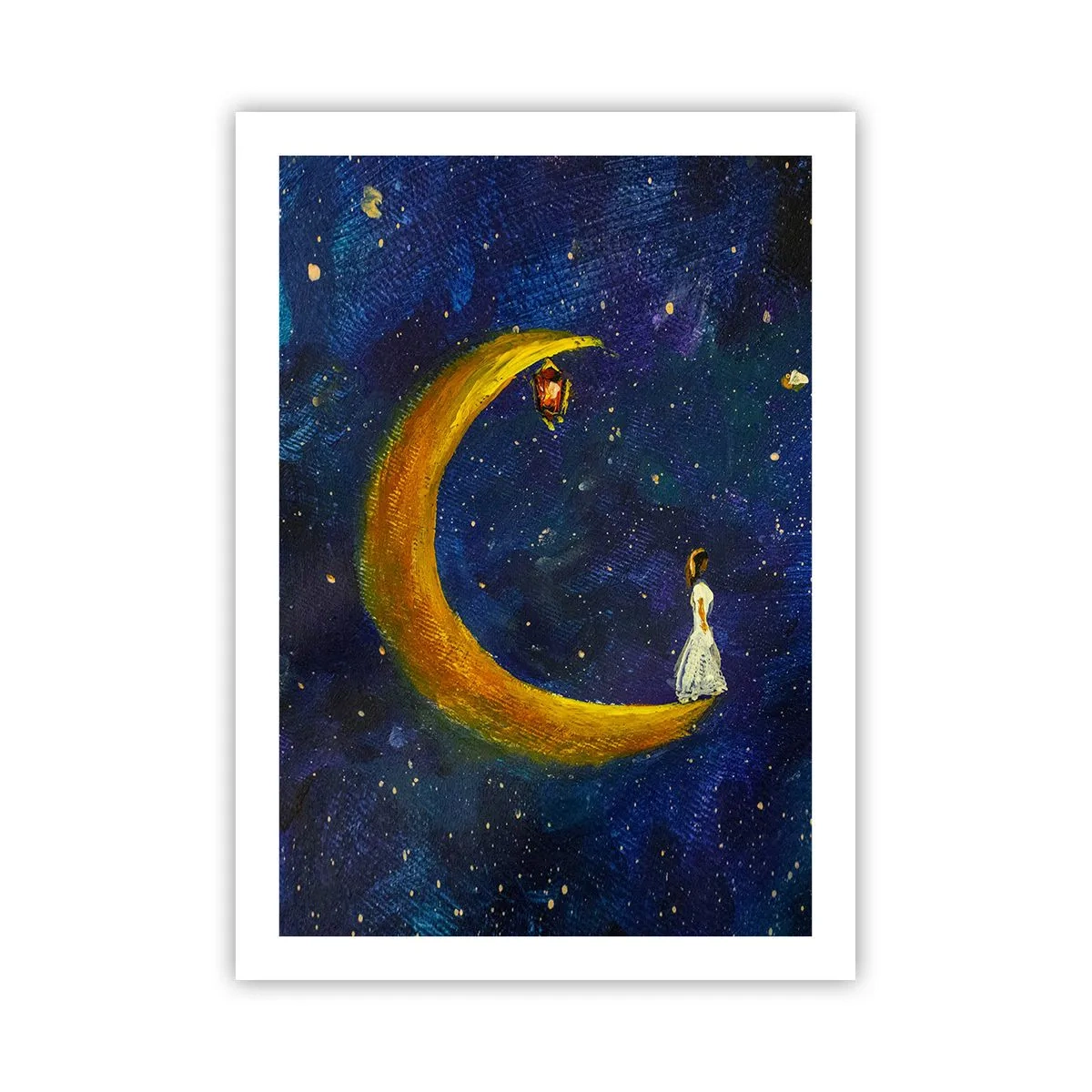 Poster - Eine Figur auf einem goldenen Mond vor einem Nachthimmel mit Sternen - 50x70cm - Der Ruf der Welt - Moderne Wanddekoration für Wohnzimmer und Schlafzimmer ARTTOR
