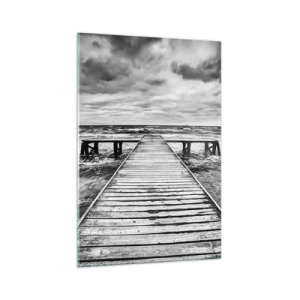 Glasbild - Bild auf glas - Eine Schwarz-Weiß-Ansicht eines Holzstegs über einer stürmischen See. - 70x100cm - Ich warte darauf, dass der Wind wegjagt... - Moderne Wanddekoration für Wohnzimmer und Schlafzimmer ARTTOR