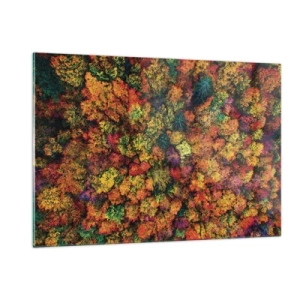 Glasbild - Bild auf glas - Eine Vogelperspektive auf einen Wald im Herbst, voller bunter Bäume - 120x80cm - Blumenstrauß aus Herbstbäumen - Moderne Wanddekoration für Wohnzimmer und Schlafzimmer ARTTOR