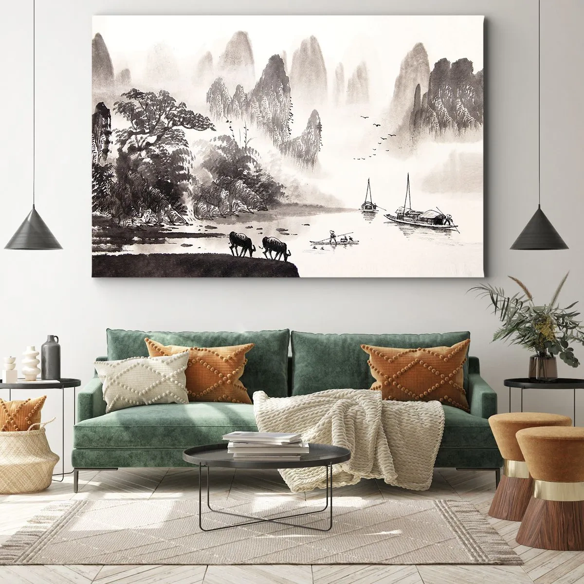 Bild auf Leinwand - Leinwandbild - Eine malerische Landschaft im asiatischen Stil mit nebligen Bergen - 100x70cm - Der exotische Alltag des Ostens - Moderne Wanddekoration für Wohnzimmer und Schlafzimmer ARTTOR