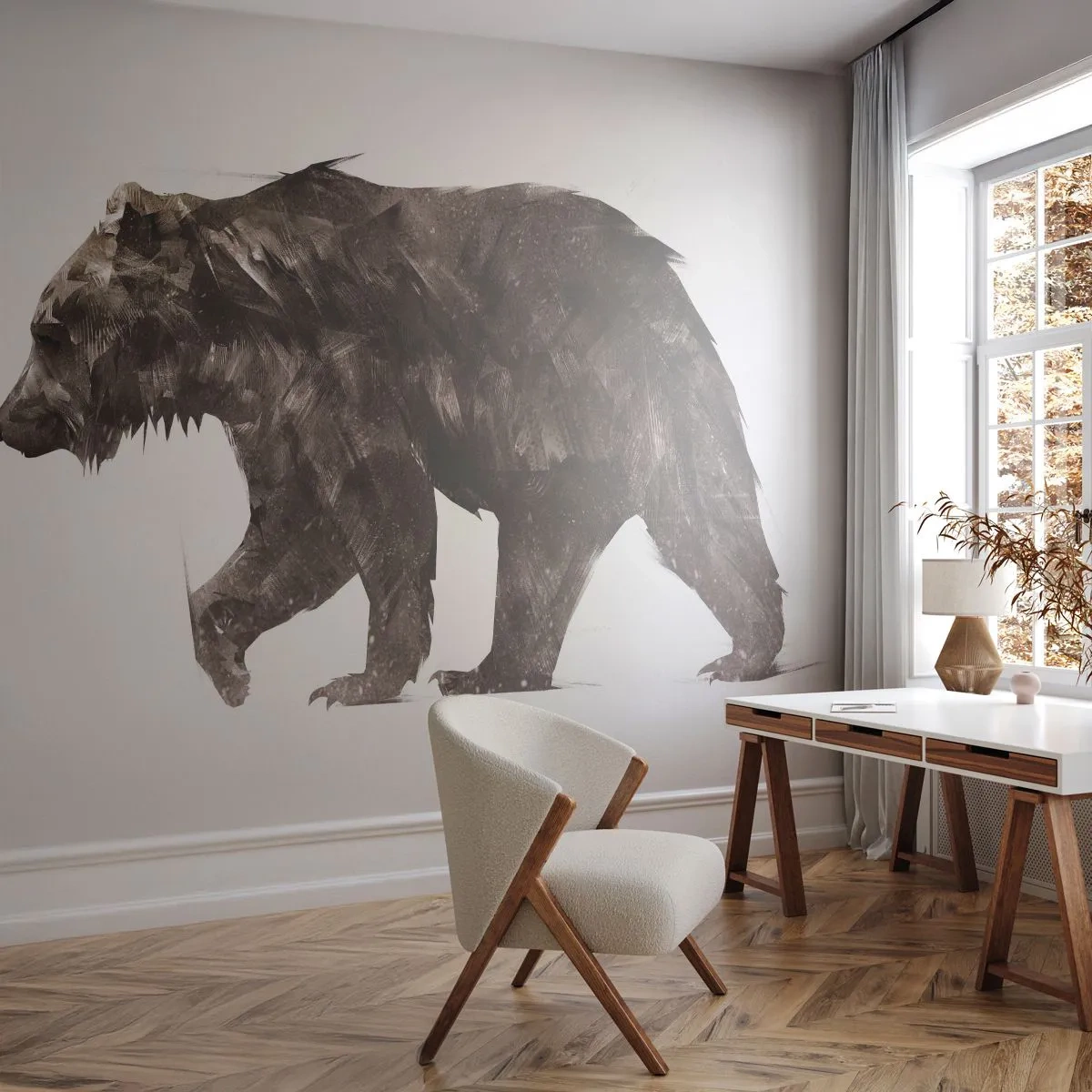 Fototapete Premium Sand - Künstlerische Grafik eines Bären auf weißem Hintergrund - 100x70cm - Ich trage immer echtes Fell! - Moderne Wanddekoration für Wohnzimmer und Schlafzimmer ARTTOR