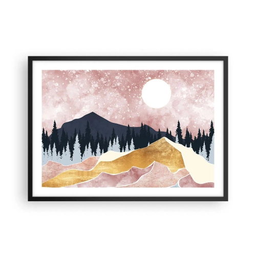 Poster in einem schwarzem Rahmen - Bunte Berge vor einem rosa Himmel mit einem Mond - 70x50cm - Nachtwache - Moderne Wanddekoration für Wohnzimmer und Schlafzimmer ARTTOR
