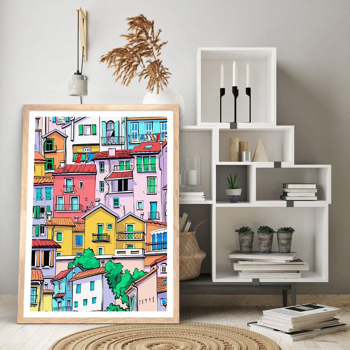 Poster in einem Rahmen aus heller Eiche - Lustige Stadt - 70x100 cm