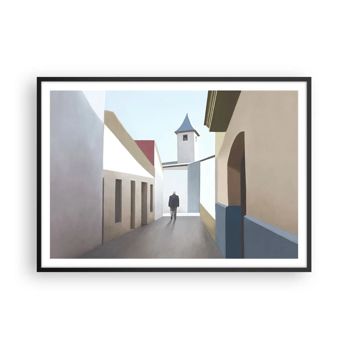 Poster in einem schwarzem Rahmen - Eine minimalistische Straße mit der Silhouette eines Mannes im Hintergrund - 100x70cm - Sonniger Spaziergang - Moderne Wanddekoration für Wohnzimmer und Schlafzimmer ARTTOR