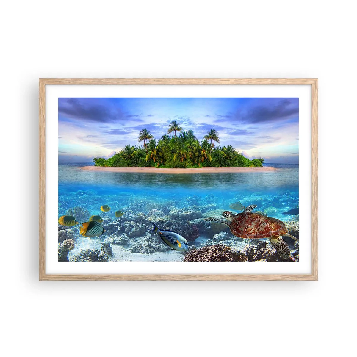 Poster in einem Rahmen aus heller Eiche - Heavenly Island lädt dich ein - 70x50 cm