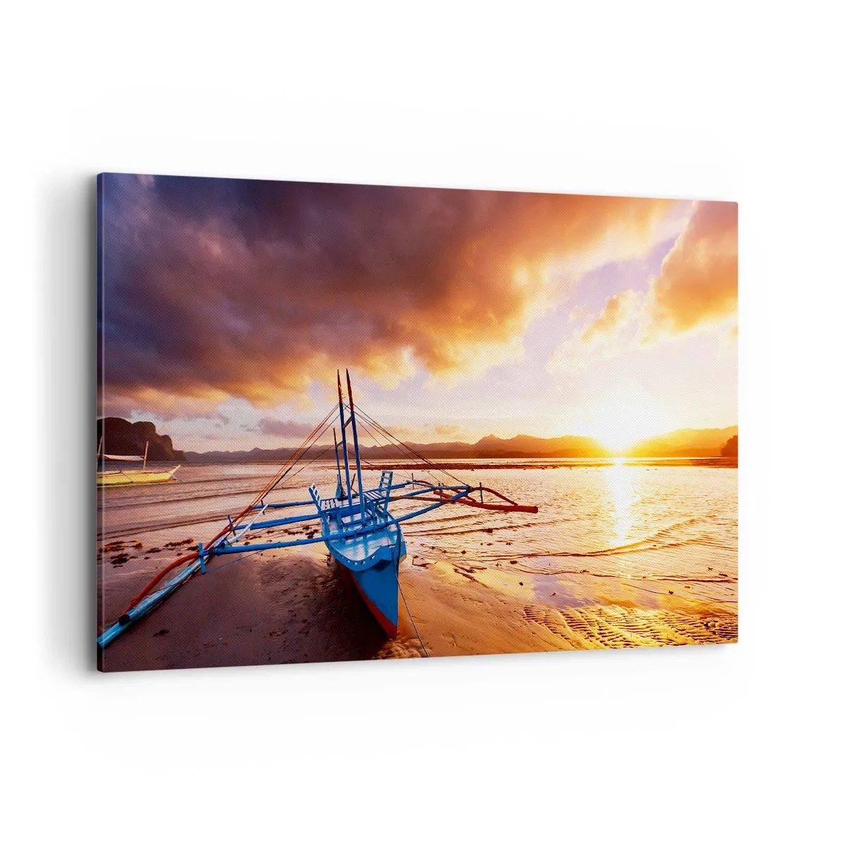 Bild auf Leinwand - Leinwandbild - Blaues Boot am Strand bei Sonnenuntergang - 120x80cm - Nach einem Tag sich im Sand ausstrecken - Moderne Wanddekoration für Wohnzimmer und Schlafzimmer ARTTOR