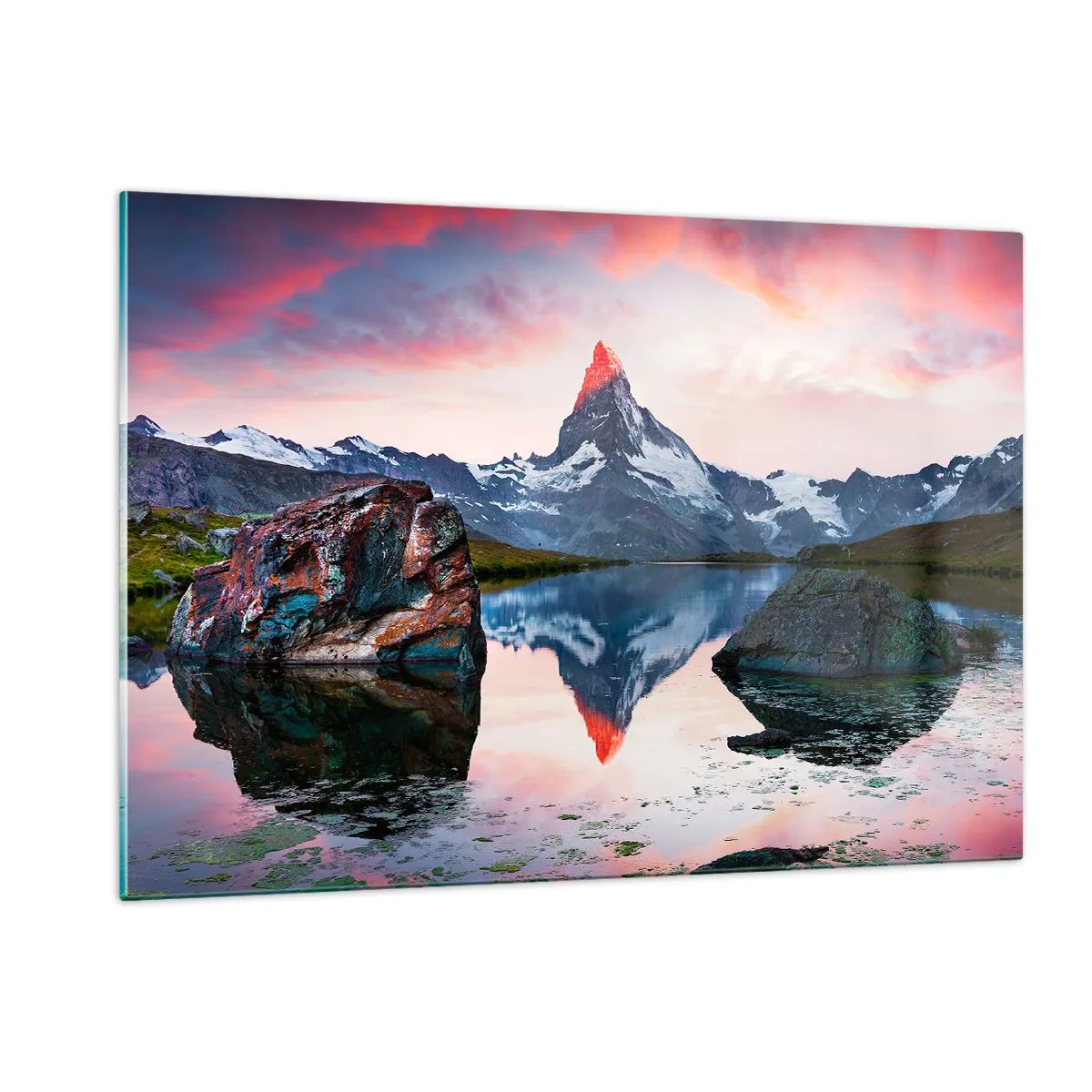 Glasbild - Bild auf glas - Ein Berggipfel spiegelt sich bei Sonnenuntergang in der ruhigen Oberfläche eines Sees - 120x80cm - Das Herz der Berge ist heiß - Moderne Wanddekoration für Wohnzimmer und Schlafzimmer ARTTOR