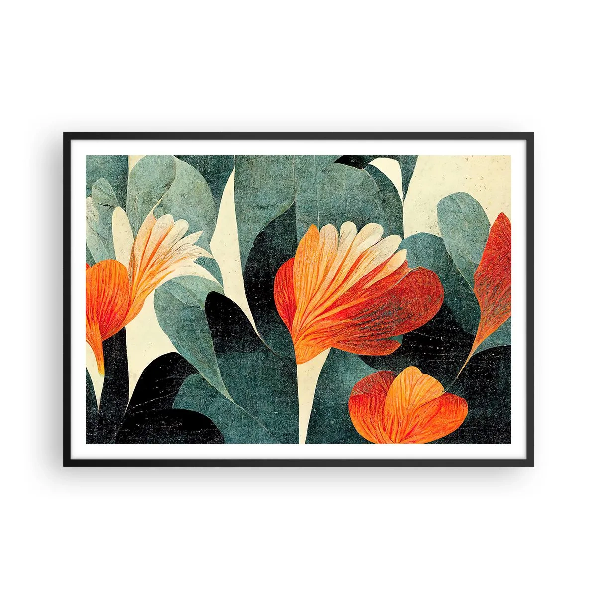 Poster in einem schwarzem Rahmen - Blüten in intensiven Orange- und Grüntönen - 100x70cm - Hitze der Tropen und Kühle des Grüns - Moderne Wanddekoration für Wohnzimmer und Schlafzimmer ARTTOR