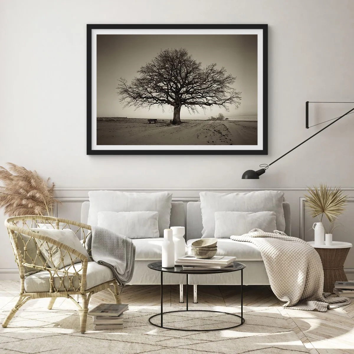 Poster in einem schwarzem Rahmen - Ein einsamer Baum in einem Sepia-Feld - 70x50cm - Von hier zu Ewigkeit - Moderne Wanddekoration für Wohnzimmer und Schlafzimmer ARTTOR