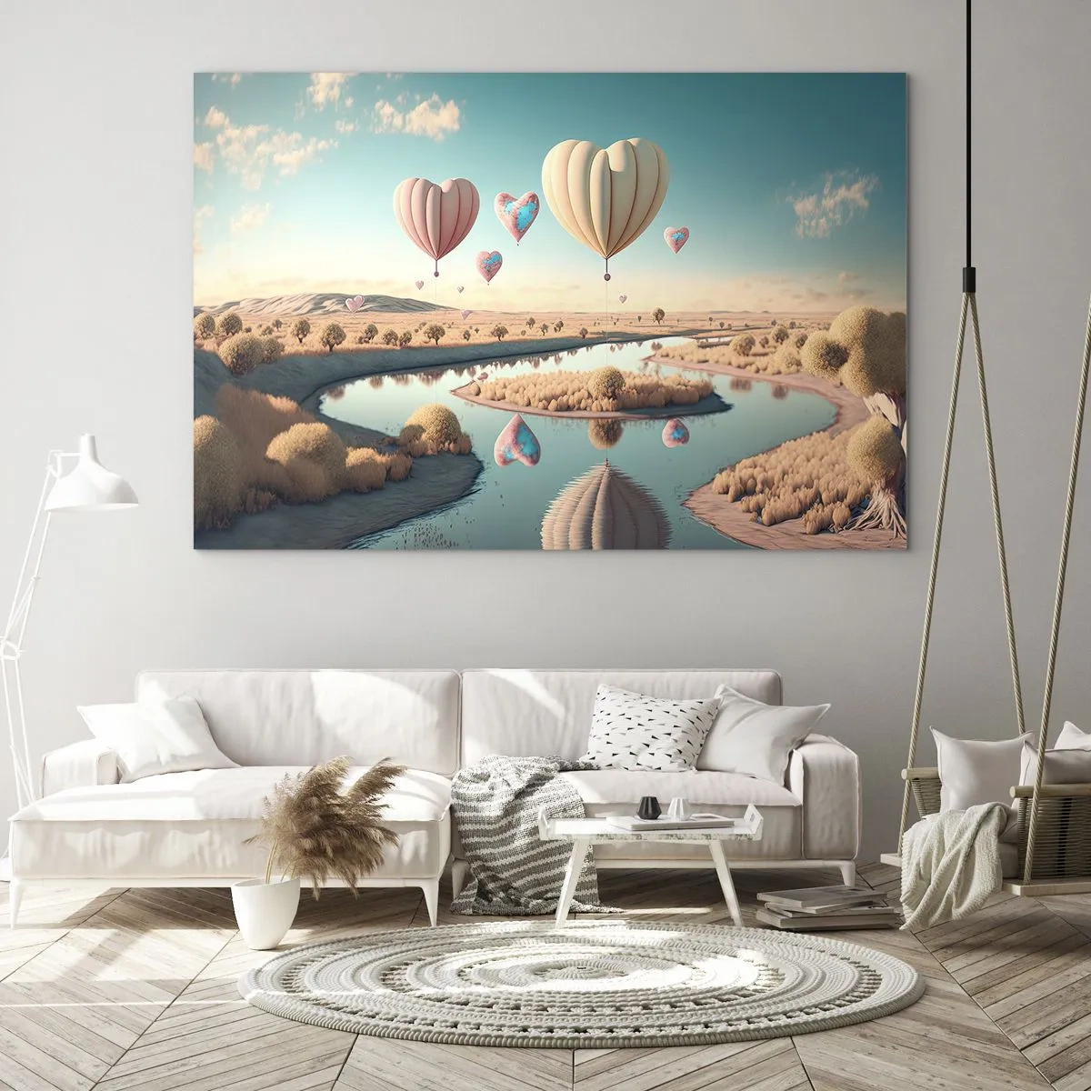 Glasbild - Bild auf glas - Herzförmige Ballons über einer Märchenlandschaft mit Fluss - 70x50cm - Dank Liebe steigt man auf - Moderne Wanddekoration für Wohnzimmer und Schlafzimmer ARTTOR