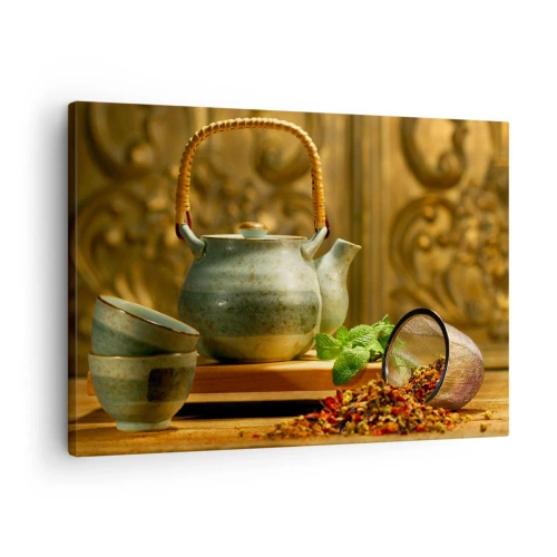 Bild auf Leinwand - Leinwandbild - Keramikkrug mit Tassen und getrocknetem Tee - 70x50cm - Abhandlung über das Teetrinken - Moderne Wanddekoration für Wohnzimmer und Schlafzimmer ARTTOR