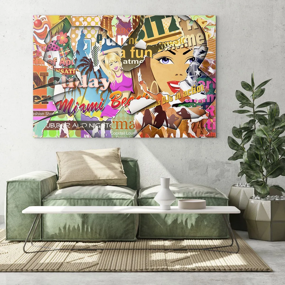 Glasbild - Bild auf glas - Bunte Retro-Collage mit Postern und Grafiken - 120x80cm - Sommer Rückblicke - Moderne Wanddekoration für Wohnzimmer und Schlafzimmer ARTTOR