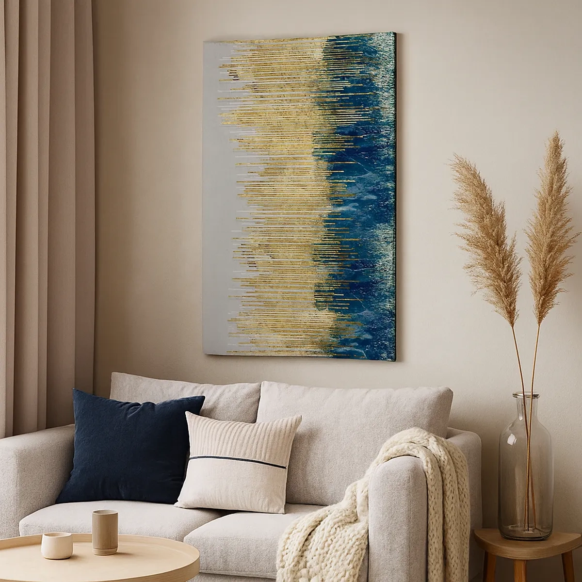 Bild auf Leinwand - Leinwandbild - Goldene Linien vor einem Hintergrund aus marineblauer und grauer Abstraktion - 50x70cm - Vergoldete Grenze - Moderne Wanddekoration für Wohnzimmer und Schlafzimmer ARTTOR