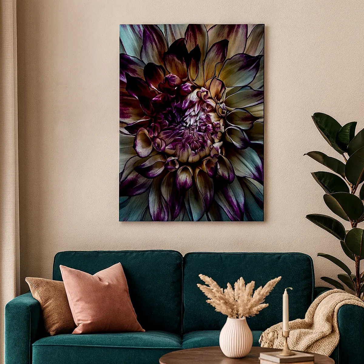 Bild auf Leinwand - Leinwandbild - Nahaufnahme einer Dahlienblüte in dunklen Tönen - 50x70cm - Die Blütezeit der Jugend - Moderne Wanddekoration für Wohnzimmer und Schlafzimmer ARTTOR