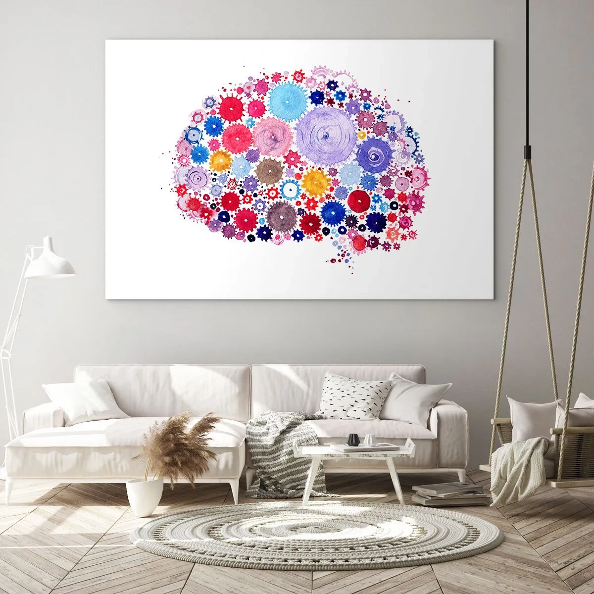 Glasbild - Bild auf glas - Eine farbenfrohe Illustration eines Gehirns, das aus geometrischen Formen besteht. - 100x70cm - Die perfekteste Maschine der Natur - Moderne Wanddekoration für Wohnzimmer und Schlafzimmer ARTTOR