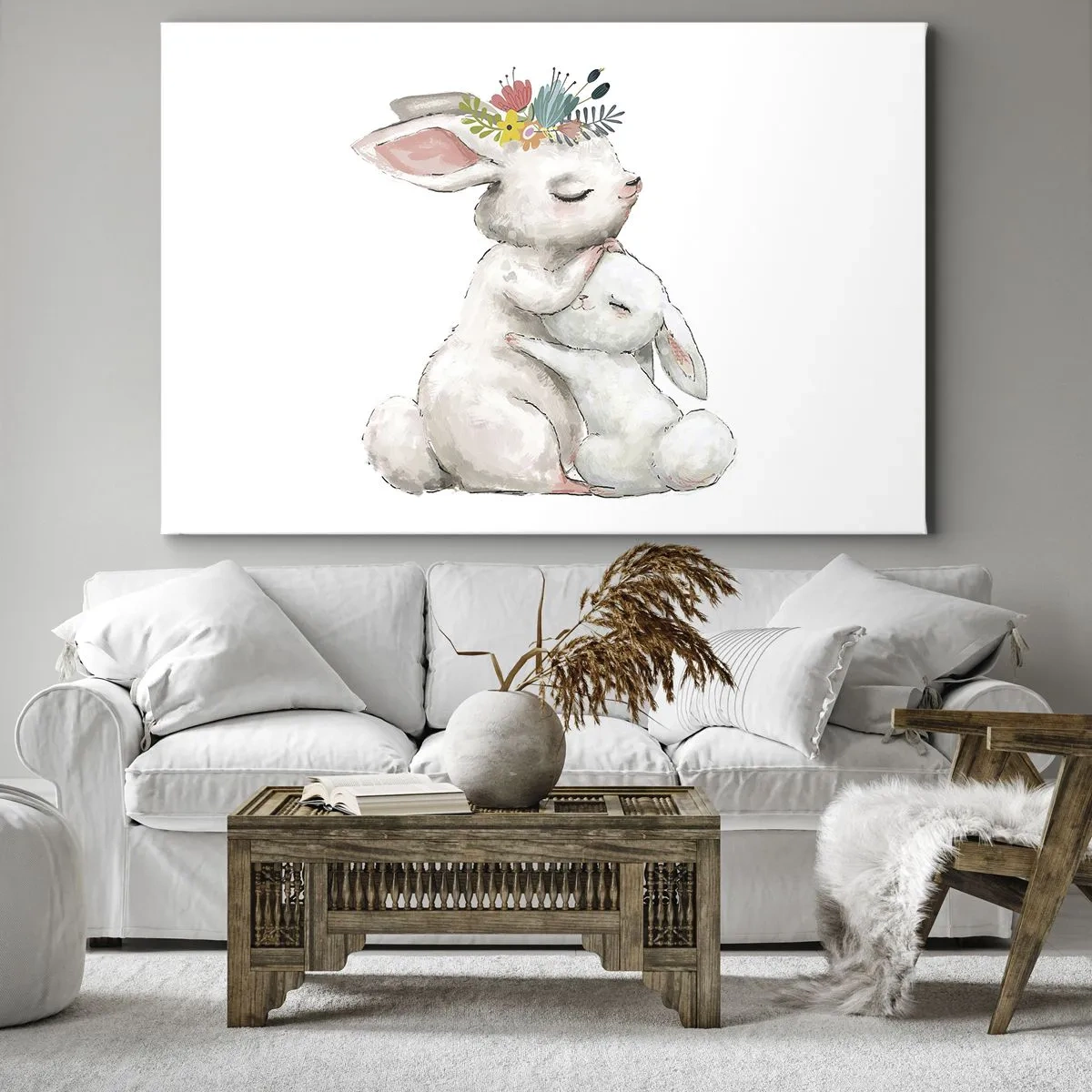 Bild auf Leinwand - Leinwandbild - Niedliche Kaninchen in Pastellfarben - 70x50cm - Bei Mama ist's am schönsten - Moderne Wanddekoration für Wohnzimmer und Schlafzimmer ARTTOR