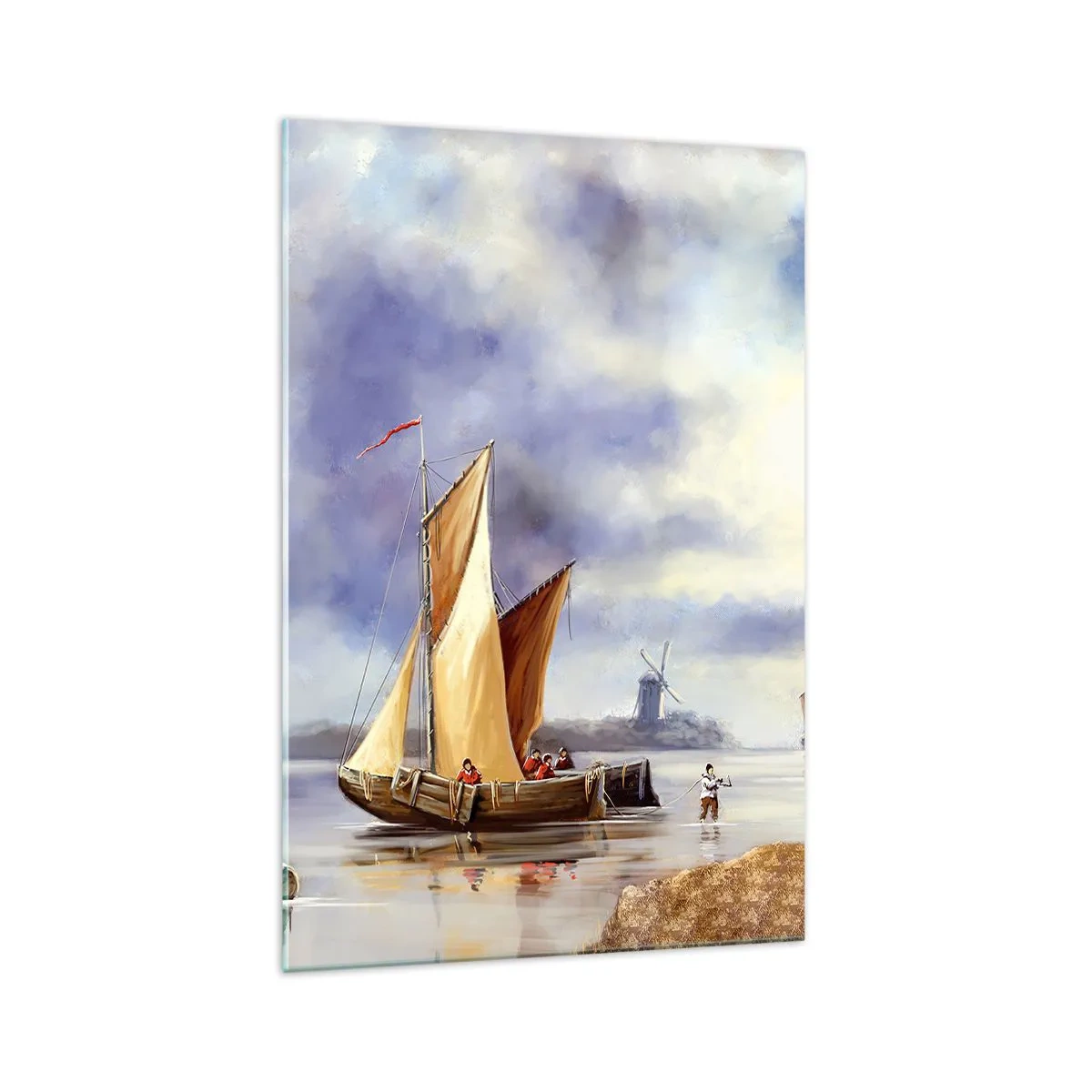 Glasbild - Bild auf glas - Segelboote auf ruhigem Wasser mit Windmühlen im Hintergrund - 70x100cm - Die Rückkehr der Seeleute - Moderne Wanddekoration für Wohnzimmer und Schlafzimmer ARTTOR