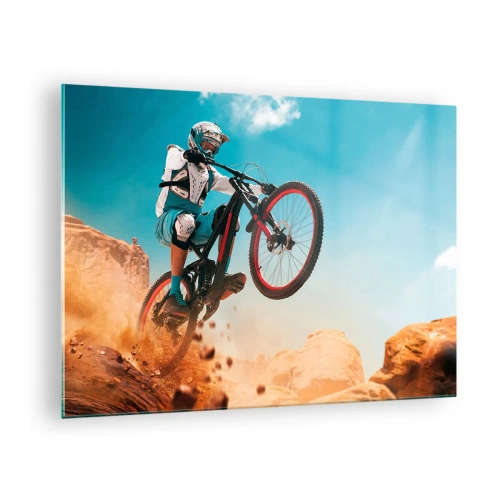 Glasbild - Bild auf glas - Dynamische Szene eines Radfahrers in Aktion auf felsigem Gelände - 70x50cm - Fahrrad-Wahnsinn-Dämon - Moderne Wanddekoration für Wohnzimmer und Schlafzimmer ARTTOR