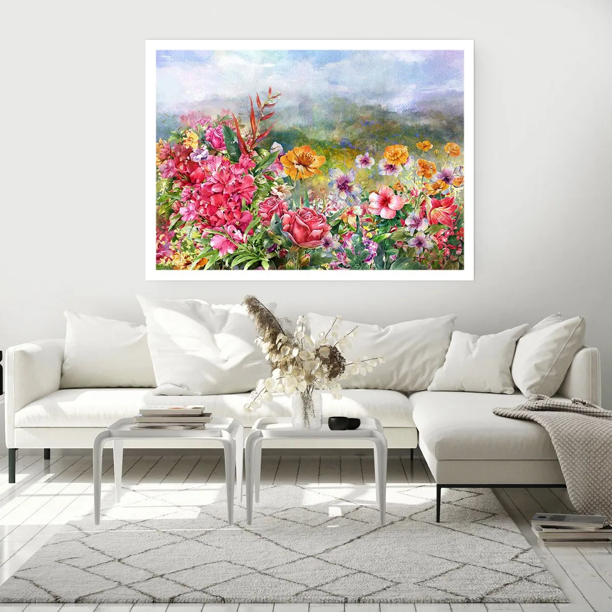 Poster - Eine farbenfrohe Blumenkomposition vor einem pastellfarbenen Landschaftshintergrund - 100x70cm - Ein Garten, der verrückt geworden ist - Moderne Wanddekoration für Wohnzimmer und Schlafzimmer ARTTOR