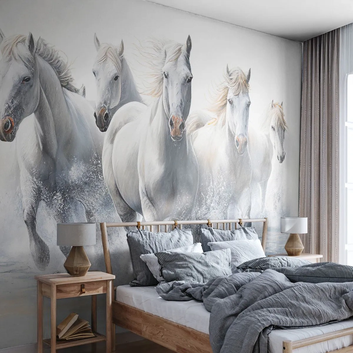 Fototapete Premium Sand - Eine Herde weißer Pferde galoppiert mit voller Geschwindigkeit durch das Wasser - 100x70cm - Weiße Magie - Moderne Wanddekoration für Wohnzimmer und Schlafzimmer ARTTOR