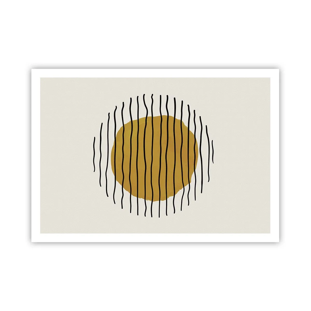 Poster - Ein minimalistisches Motiv mit einem gelben Kreis und schwarzen Linien. - 100x70cm - Abstraktion, die vor Hitze zittert - Moderne Wanddekoration für Wohnzimmer und Schlafzimmer ARTTOR