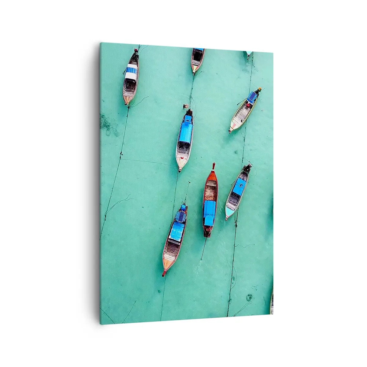 Bild auf Leinwand - Leinwandbild - Boote auf türkisfarbenem Wasser aus der Vogelperspektive - 70x100cm - In freudiger Erwartung - Moderne Wanddekoration für Wohnzimmer und Schlafzimmer ARTTOR