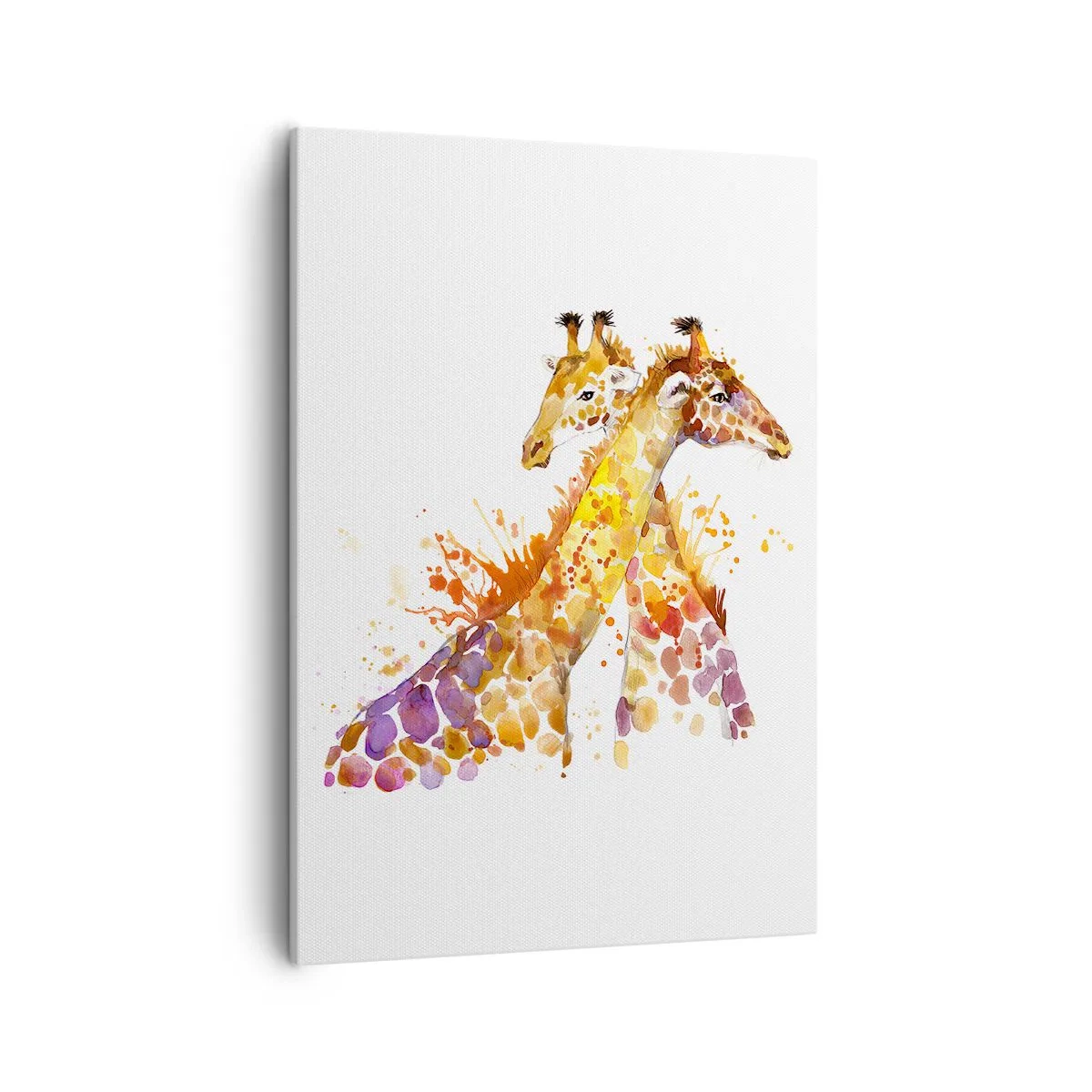 Bild auf Leinwand - Leinwandbild - Aquarell Giraffen in bunten Farbtönen - 50x70cm - Ist es Freundschaft oder ist es Baby? - Moderne Wanddekoration für Wohnzimmer und Schlafzimmer ARTTOR