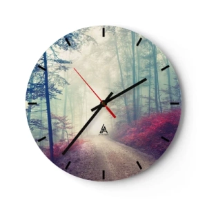 Wanduhr - Glasuhr - Ein Waldweg, umgeben von bunten Bäumen in nebligem Licht - 30x30cm - Wie gut ist es, im Morgengrauen aufzustehen - Moderne Wanddekoration für Wohnzimmer, Küche und Schlafzimmer ARTTOR