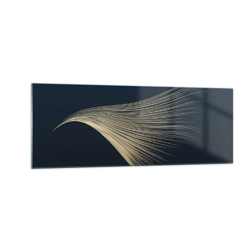 Glasbild - Bild auf glas - Eine zarte federähnliche Linie auf marineblauem Hintergrund - 140x50cm - Wie das Haar eines Engels - Moderne Wanddekoration für Wohnzimmer und Schlafzimmer ARTTOR