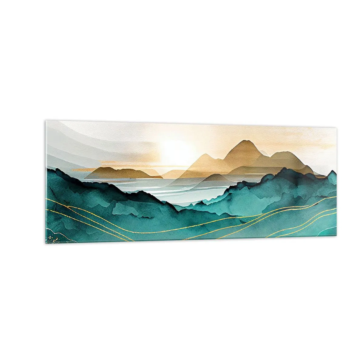 Glasbild - Bild auf glas - Abstrakte Landschaft mit Bergen und goldenen Akzenten - 140x50cm - Am Rande der Abstraktion – Landschaft - Moderne Wanddekoration für Wohnzimmer und Schlafzimmer ARTTOR