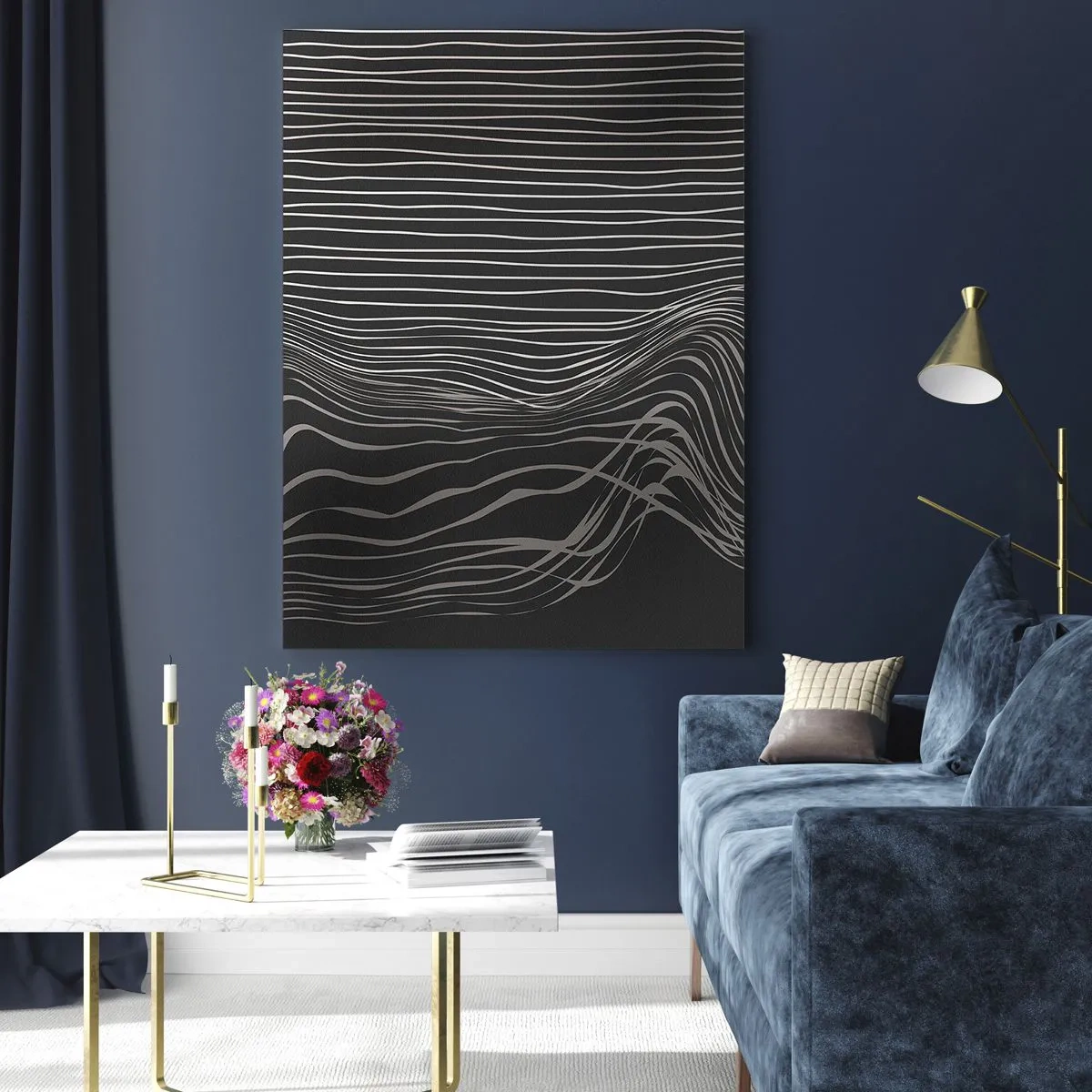 Glasbild - Bild auf glas - Zarte Linien in abstrakter Anordnung auf dunklem Hintergrund - 50x70cm - Rhythmus und Akzent - Moderne Wanddekoration für Wohnzimmer und Schlafzimmer ARTTOR