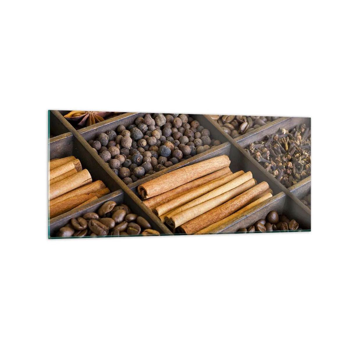 Glasbild - Bild auf glas - Gewürze und Kaffee in Holzfächern - 120x50cm - Eine Fundgrube an Aromen - Moderne Wanddekoration für Wohnzimmer und Schlafzimmer ARTTOR