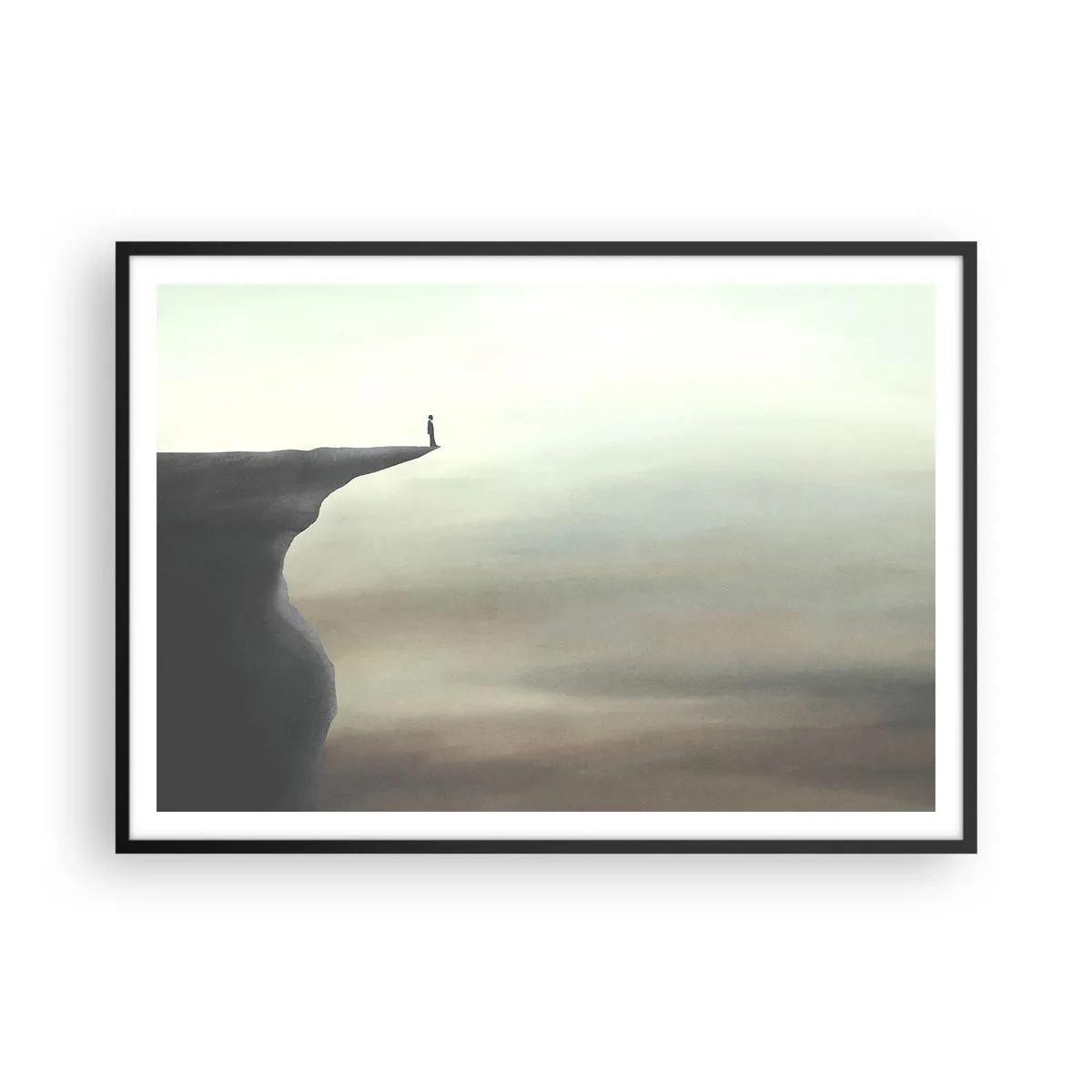 Poster in einem schwarzem Rahmen - Silhouette einer Figur am Rand einer Klippe in einer nebligen Landschaft - 100x70cm - Nach oben, natürlich! - Moderne Wanddekoration für Wohnzimmer und Schlafzimmer ARTTOR