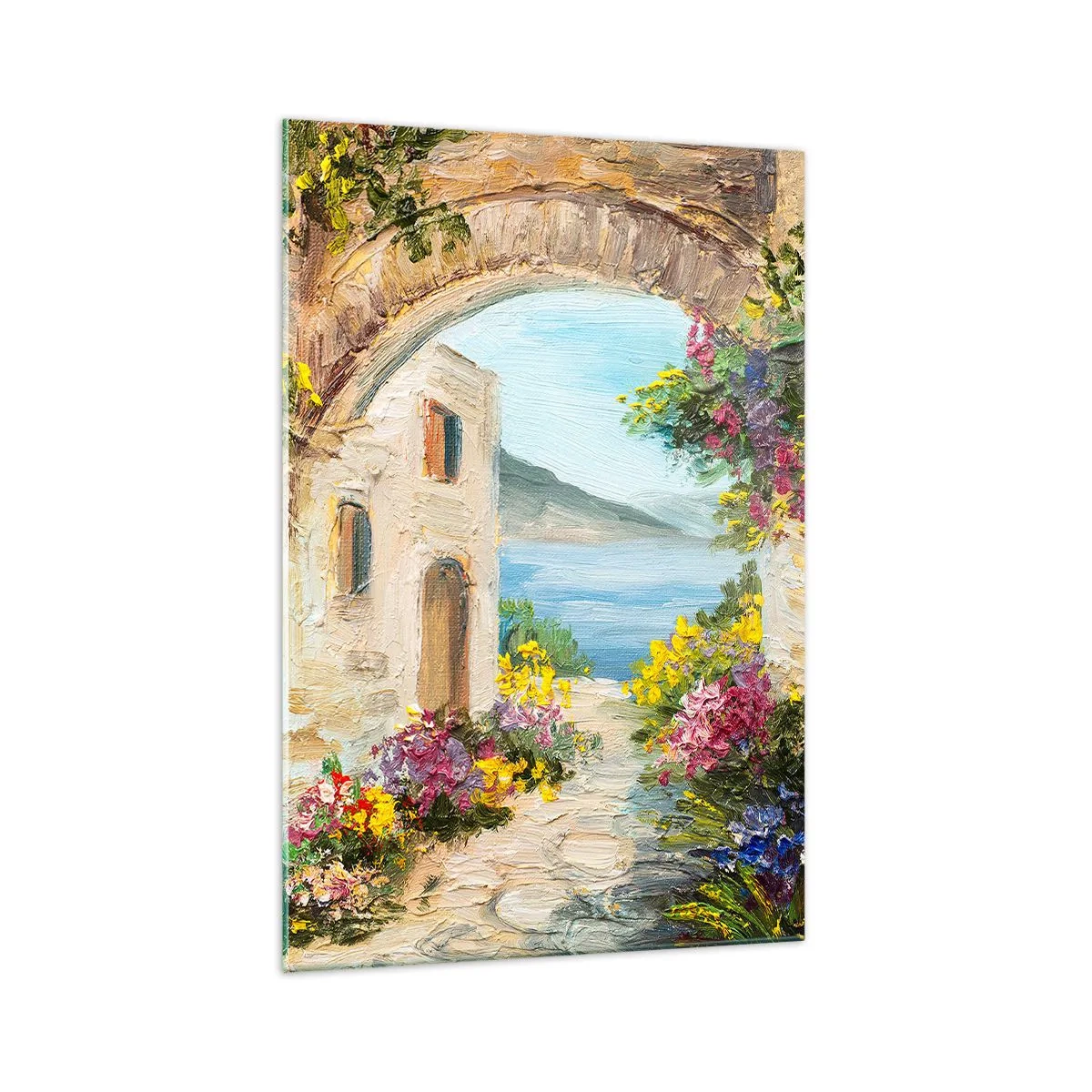 Glasbild - Bild auf glas - Küstenlandschaft mit Steingebäuden und Blumen - 70x100cm - Charme einer Küstenprovinz - Moderne Wanddekoration für Wohnzimmer und Schlafzimmer ARTTOR