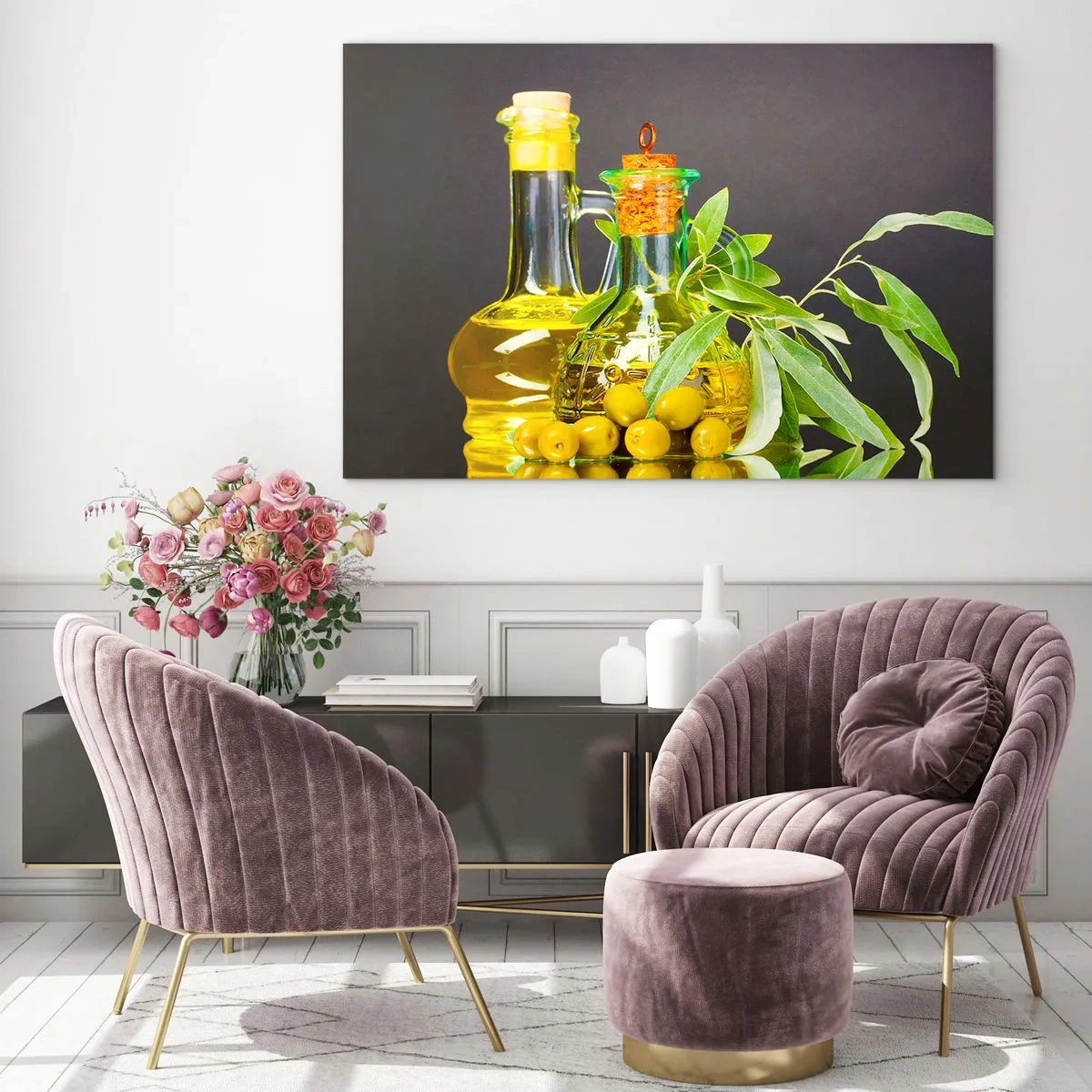 Glasbild - Bild auf glas - Flaschen mit Olivenöl und ein Zweig mit Oliven im Hintergrund - 100x70cm - Stillleben mit Oliven und Olivenöl - Moderne Wanddekoration für Wohnzimmer und Schlafzimmer ARTTOR