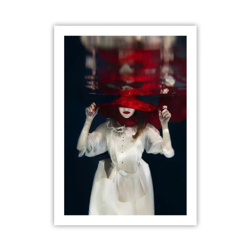 Poster - Eine Frau mit einem roten Hut ist unter Wasser getaucht. - 50x70cm - Boshafte Göttin in der slawischen Mythologie - Moderne Wanddekoration für Wohnzimmer und Schlafzimmer ARTTOR