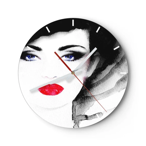 Wanduhr - Glasuhr - Porträt einer Frau mit roten Lippen und intensiven blauen Augen - 30x30cm - Er drückt zurück und ruft an - Moderne Wanddekoration für Wohnzimmer, Küche und Schlafzimmer ARTTOR