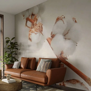 Fototapete Premium Sand - Ein Zweig Baumwolle auf hellem, natürlichem Hintergrund - 100x70cm - Nur umarmen - Moderne Wanddekoration für Wohnzimmer und Schlafzimmer ARTTOR