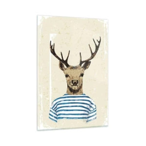 Glasbild - Bild auf glas - Ein Hirsch im gestreiften Hemd auf hellem Hintergrund mit zarter Textur - 80x120cm - Weil ich gestreifte T-Shirts mag! - Moderne Wanddekoration für Wohnzimmer und Schlafzimmer ARTTOR