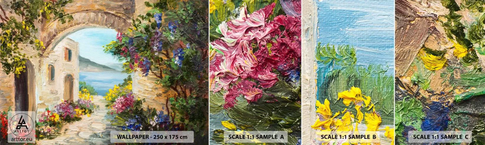 Fototapetenmuster Standard Eco - Charme einer Küstenprovinz - Die Architektur, Griechenland, Blumen - 100x30 cm