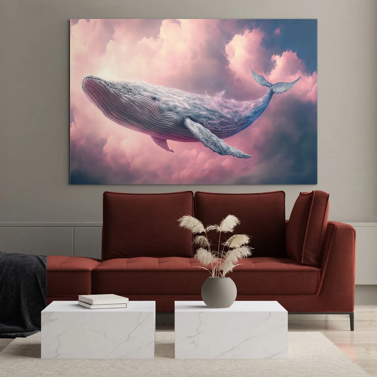 Glasbild - Bild auf glas - Ein Wal, der mit einem rosa Schimmer in den Wolken schwebt - 70x50cm - Reibe deine Augen - Moderne Wanddekoration für Wohnzimmer und Schlafzimmer ARTTOR