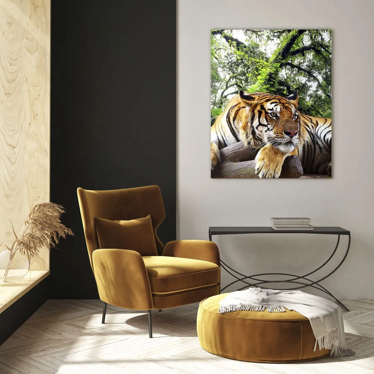Glasbild - Bild auf glas - Ein Tiger ruht in einem grünen tropischen Wald - 50x70cm - Hochachtungsvoll - Moderne Wanddekoration für Wohnzimmer und Schlafzimmer ARTTOR