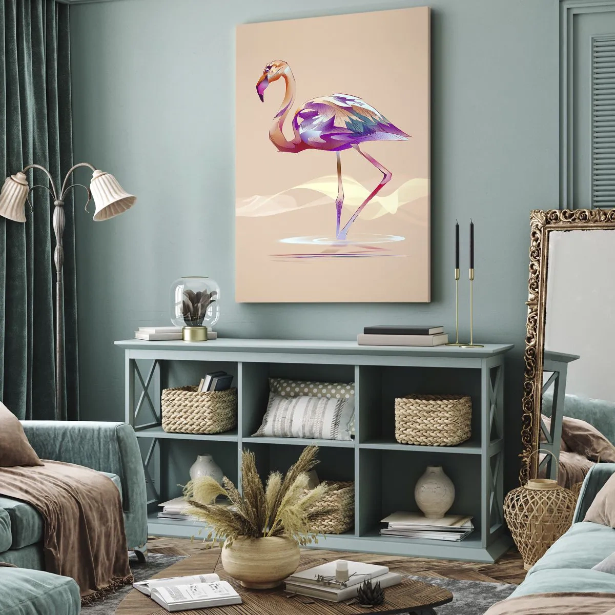 Bild auf Leinwand - Leinwandbild - Ein abstrakter Flamingo in hellen Pastellfarben. - 50x70cm - Der Vogel der guten Gefühle - Moderne Wanddekoration für Wohnzimmer und Schlafzimmer ARTTOR