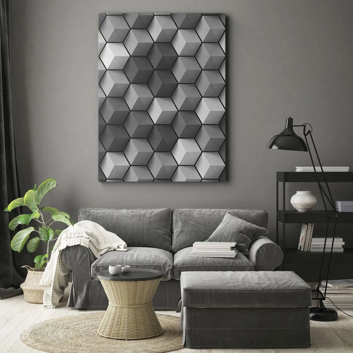 Bild auf Leinwand - Leinwandbild - Geometrische Komposition aus Würfeln in Grau- und Schwarztönen - 70x100cm - Kubistisches Puzzle - Moderne Wanddekoration für Wohnzimmer und Schlafzimmer ARTTOR