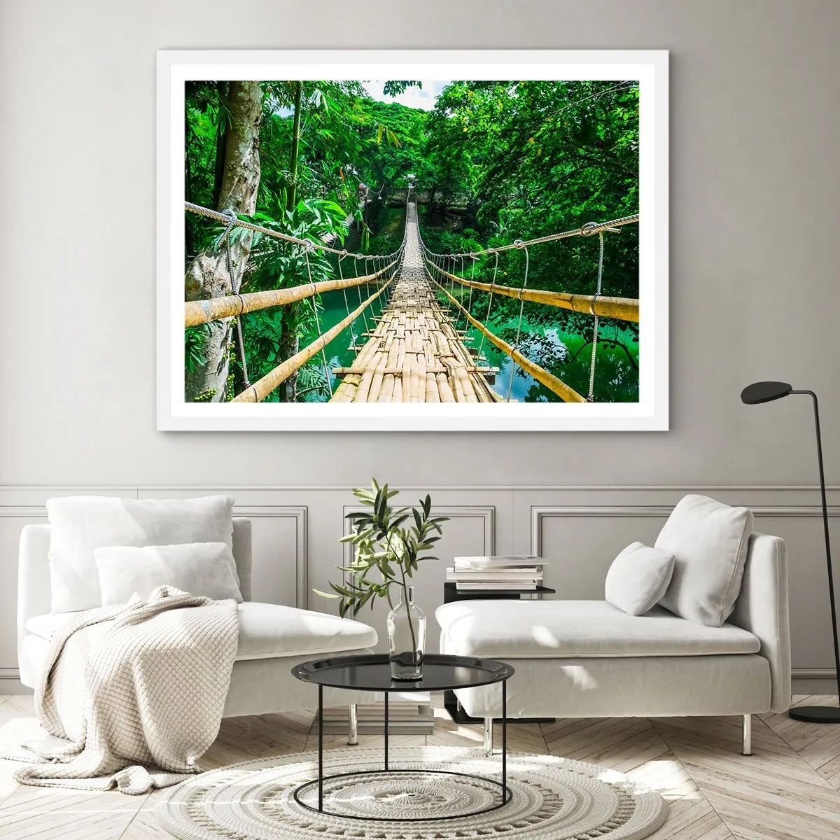 Poster in einem weißen Rahmen - Monkey Bridge über das Grün - 40x30 cm