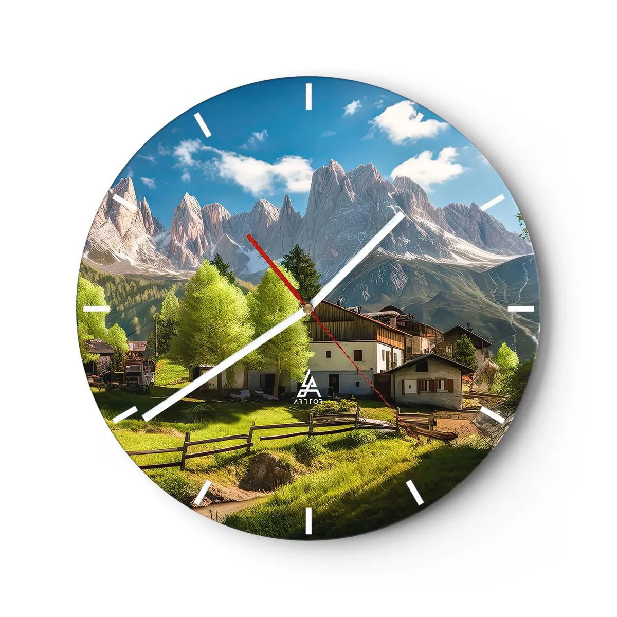 Wanduhr - Glasuhr - Eine ländliche Siedlung am Fuße der Berge an einem sonnigen Tag - 30x30cm - Alpenidylle - Moderne Wanddekoration für Wohnzimmer, Küche und Schlafzimmer ARTTOR