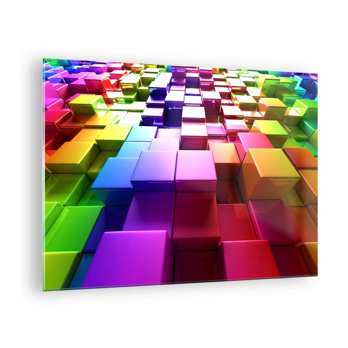 Glasbild - Bild auf glas - Bunte Würfel bilden ein dreidimensionales abstraktes Muster - 70x50cm - Op-Art gemeinsam im Team - Moderne Wanddekoration für Wohnzimmer und Schlafzimmer ARTTOR