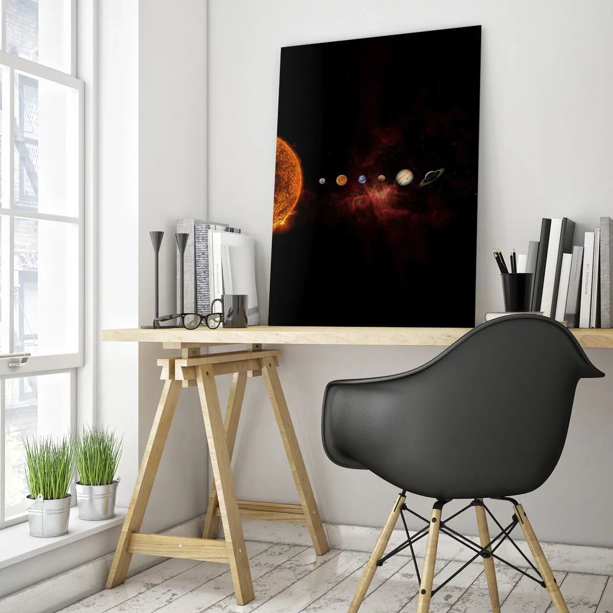 Glasbild - Bild auf glas - Planetensystem mit der Sonne auf schwarzem Hintergrund - 50x70cm - Unsere Nachbarschaft - Moderne Wanddekoration für Wohnzimmer und Schlafzimmer ARTTOR