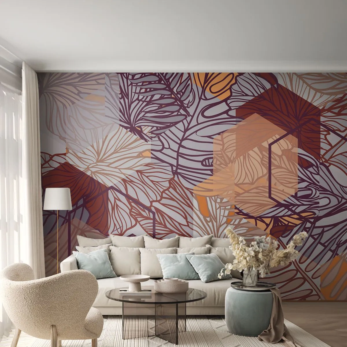 Fototapete Premium Canvas - Unmögliche Beziehung zwischen Geometrie und Natur - Abstraktion, Grafik, Blätter - 350x256 cm